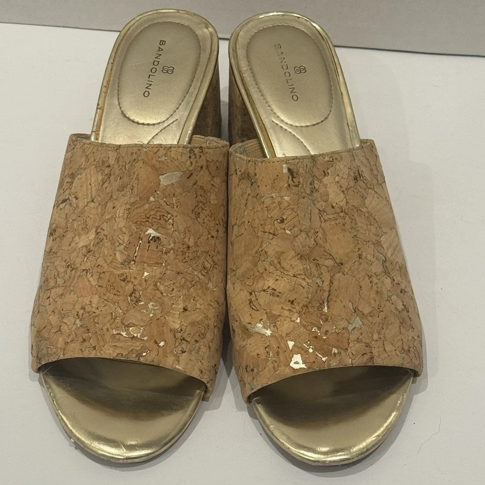 Bandolino Metallic Gold Neutral Minimalist Cork‎ Chunky Heeled Sandal Size 10M